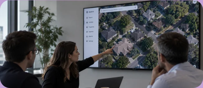 A team discussing a property map on a large screen
