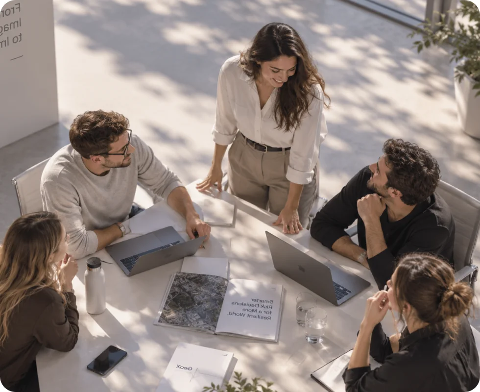An insurance team reviewing aerial property imagery together at a table
