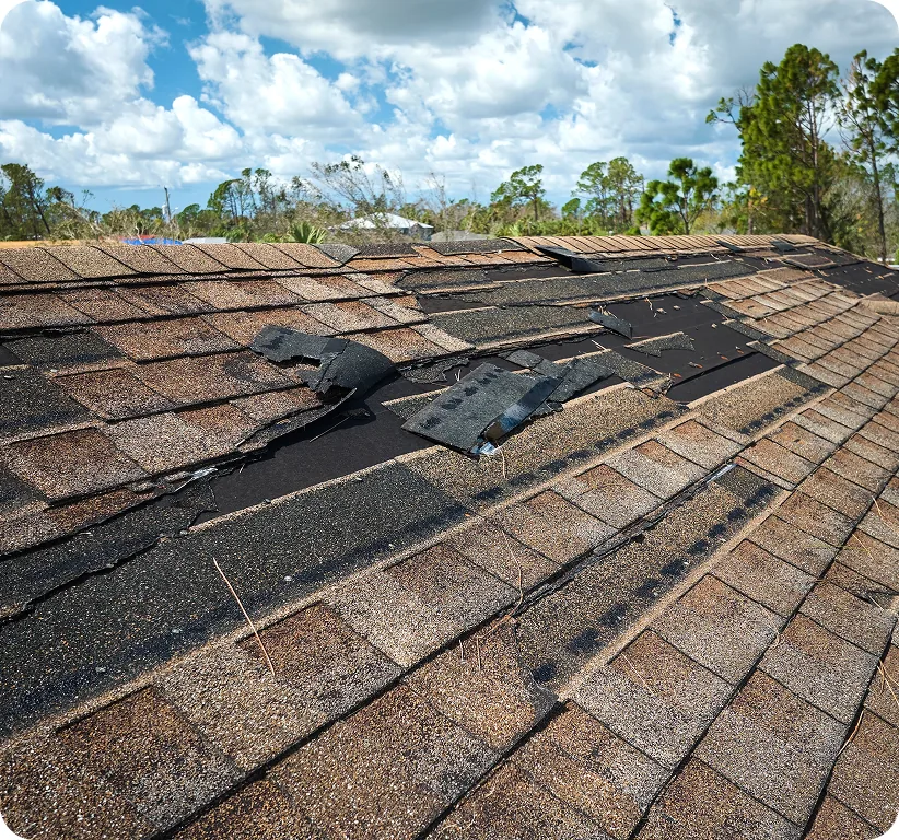 Aerial view of a damaged shingle roof