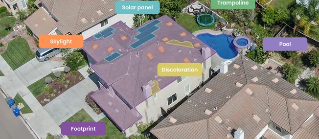 Aerial view of homes with solar panel, pool and footprint features tagged